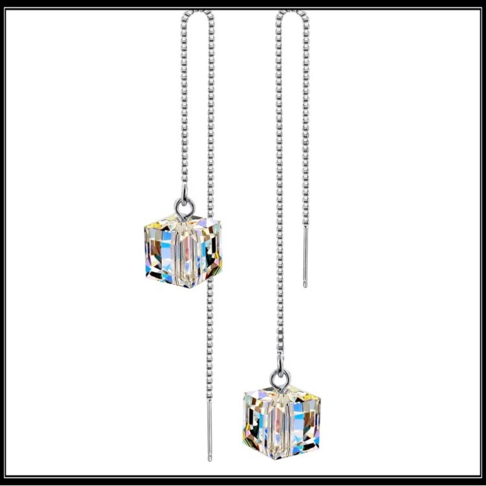 Clearance! NEW LONG COLORFUL CRYSTAL PRISM SQUARE SILVER DROP CHAIN EARRINGS